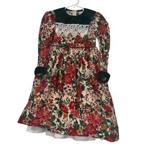 Vtg Ruth of Carolina holiday Floral Long Sleeve Dress velvet lace trim sz 5